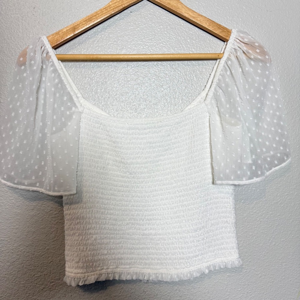 Abercrombie Fitch White Smocked Square Neck Puff Sleeve Mesh‎ Top Size S - Picture 2 of 6